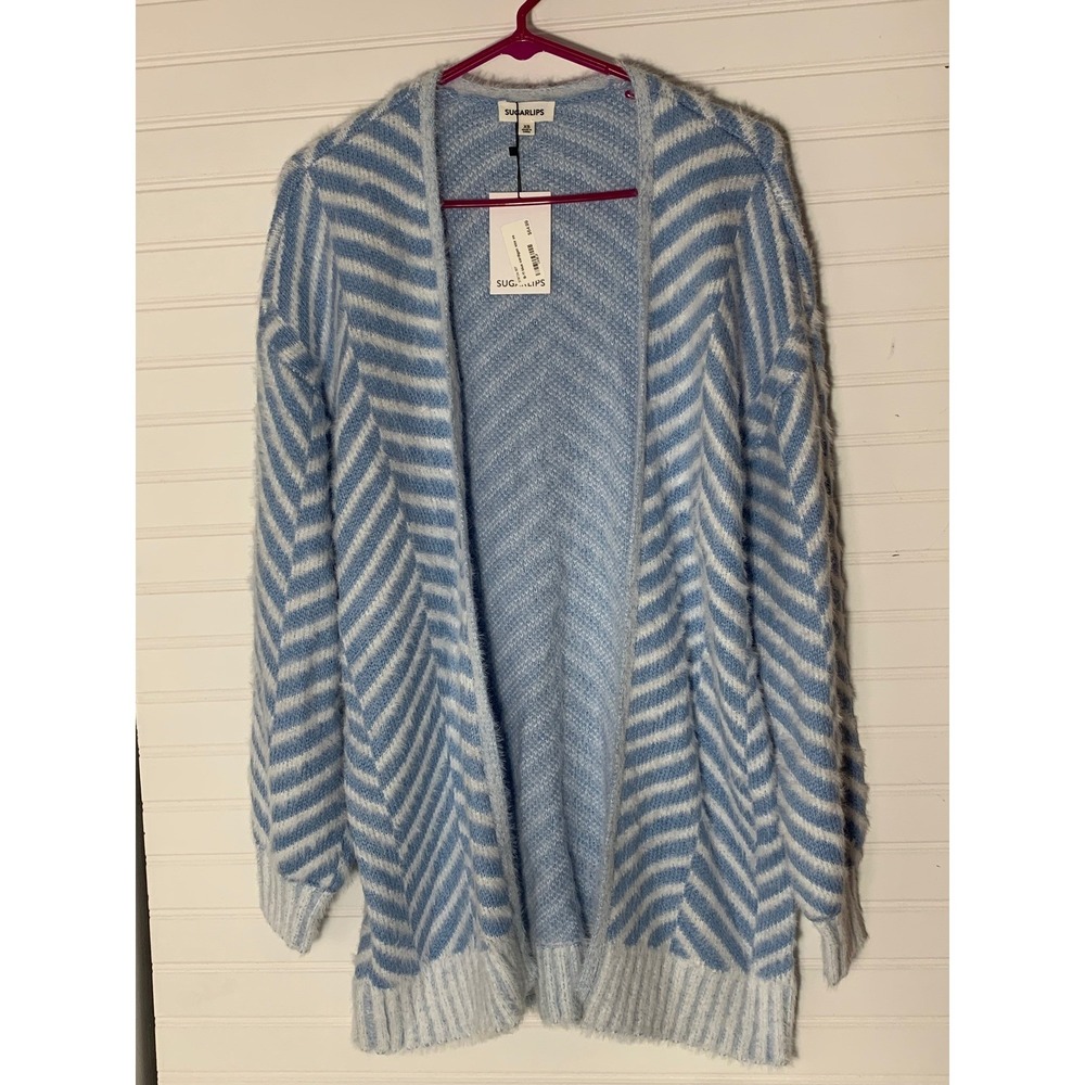 SUGarlips Blue & White Striped Eyelash Knit Cardigan